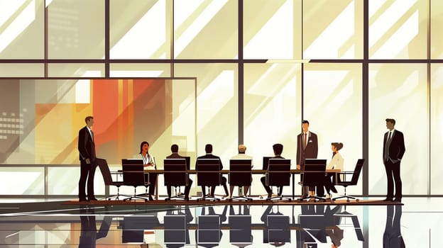 A group of professionals gathers in a contemporary boardroom for a business presentation, actively discussing strategies and collaborating on key projects while seated around a large conference table.
