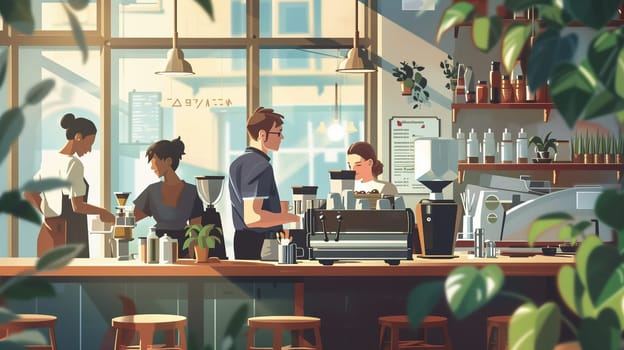 Workers hustle in a lively café setting, preparing beverages and serving customers, showcasing teamwork and dedication during a bustling shift.