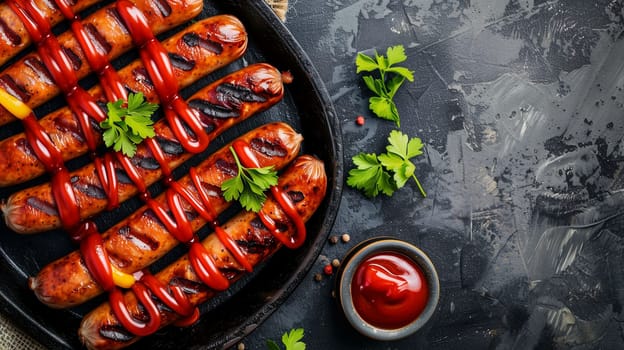A tantalizing display of grilled sausages is elegantly arranged on a dark plate, drizzled with ketchup and garnished with fresh herbs. The atmosphere is enriched by the rustic kitchen backdrop, showcasing a delightful culinary moment.