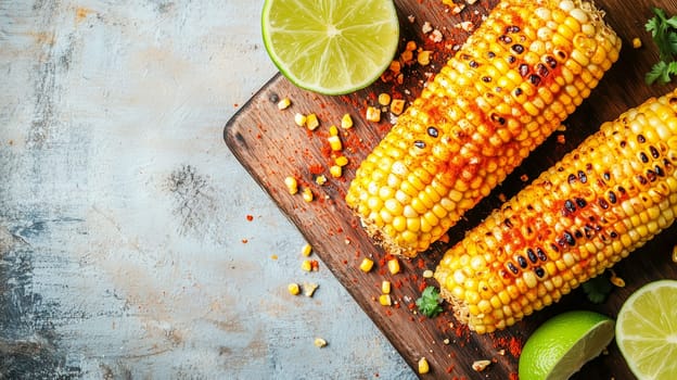Two ears of grilled corn on a wooden cutting board, garnished with lime wedges and sprinkled with spices, showcasing a vibrant and appetizing summer dish.