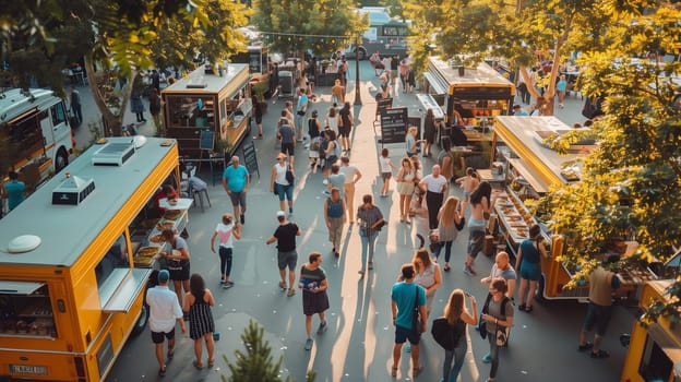 A lively gathering unfolds as crowds stroll through a park filled with colorful food trucks. Families and friends enjoy a variety of cuisines while basking in the warm sunlight. A festive atmosphere encourages socializing and sampling delicious street food from local vendors.