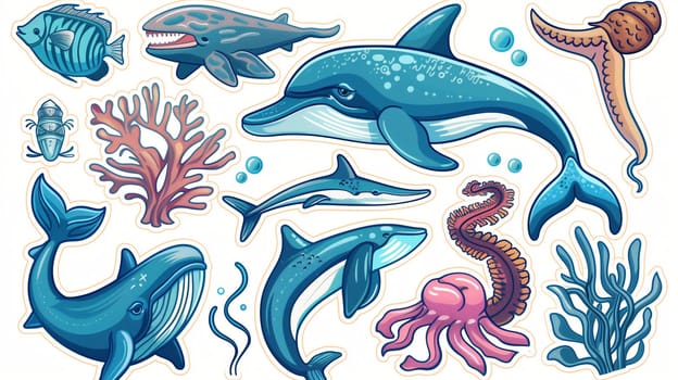 A vibrant collection of illustrated sea creatures showcases various species, including whales, dolphins, sharks, and jellyfish, surrounded by colorful coral. The artwork highlights the beauty of underwater life, using dynamic colors and intricate designs to bring these marine animals to life.