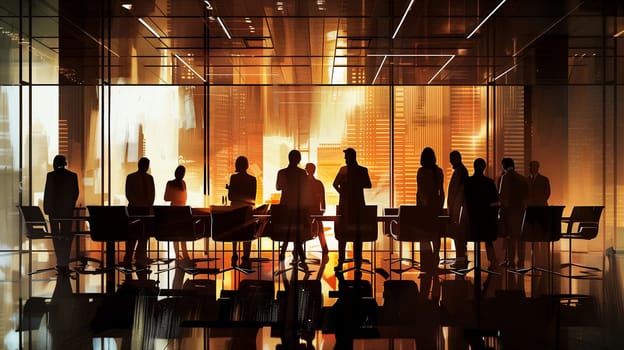 A group of business professionals collaborates in a sleek, modern boardroom, discussing strategies and plans while overlooking a vibrant city skyline illuminated by evening lights.