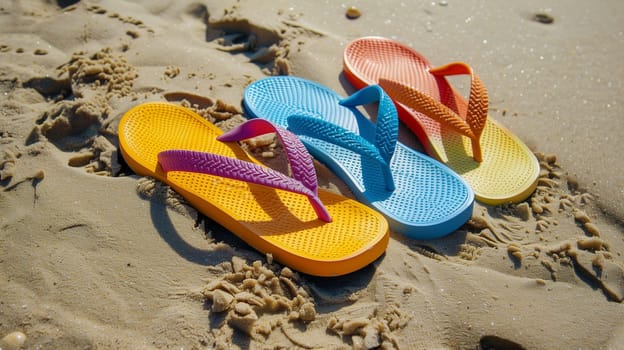 Brightly colored sandals in vibrant orange, blue, and pink are placed on golden sandy beach ground. The sun shines down, illuminating the footwear while gentle waves lap at the shoreline nearby.
