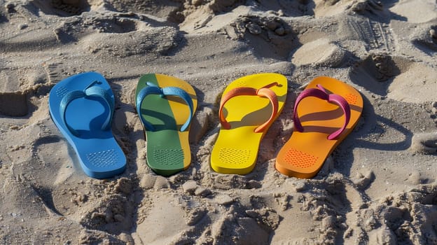 A vibrant array of flip flops in blue, green, yellow, and orange rests on warm, soft sand at the beach. The bright colors of the footwear stand out against the golden grains and create a cheerful atmosphere, inviting beachgoers to enjoy the sunny day.
