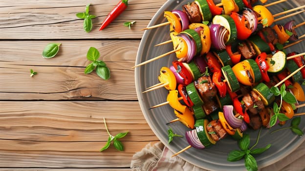 A beautiful arrangement of grilled chicken and vibrant vegetables on skewers is presented on a gray plate. Fresh herbs surround the dish, enhancing its visual appeal. This colorful meal showcases a variety of ingredients, perfect for a summer barbecue or healthy dinner option.