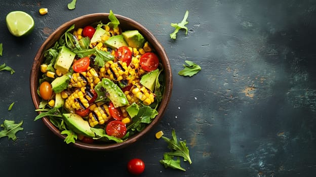 A vibrant summer salad features grilled corn, diced avocado, juicy cherry tomatoes, and fresh greens arranged beautifully in a wooden bowl, ideal for a healthy meal or picnic.