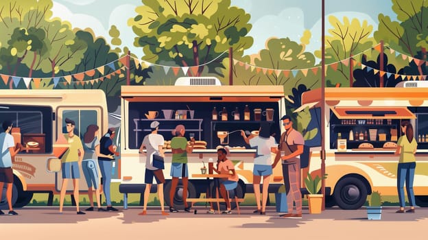 A lively gathering is taking place in a local park where vendors serve delicious food from colorful food trucks. Families and friends enjoy various cuisines while relaxing under the warm sun, creating a cheerful atmosphere filled with laughter and conversation.