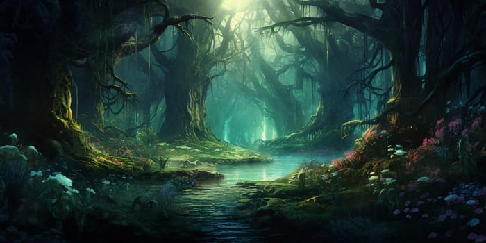 In a fantasy forest, a tranquil river winds its way through flowers as ethereal light dances among the trees. AI Generative.