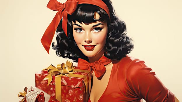 Beautiful pinup girl dressed as Santa Claus with gifts