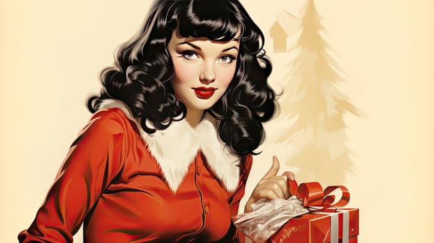 Beautiful pinup girl dressed as Santa Claus with gifts