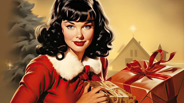 Beautiful pinup girl dressed as Santa Claus with gifts