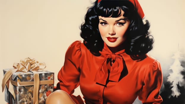 Beautiful pinup girl dressed as Santa Claus with gifts