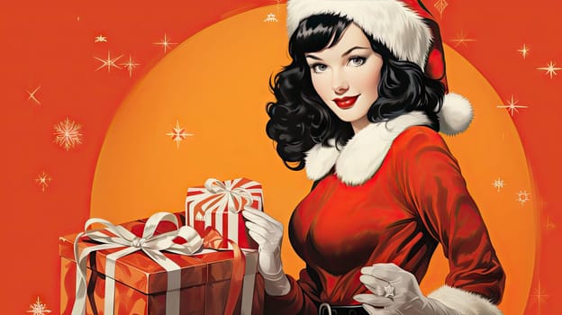 Beautiful pinup girl dressed as Santa Claus with gifts