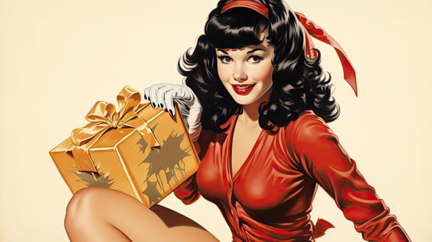 Beautiful pinup girl dressed as Santa Claus with gifts