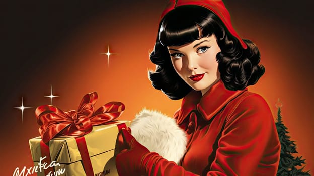 Beautiful pinup girl dressed as Santa Claus with gifts