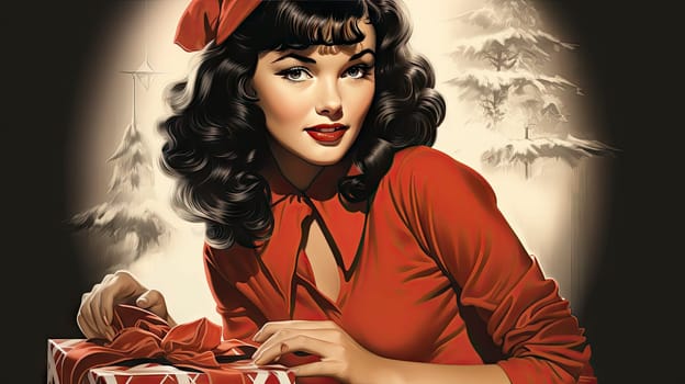 Beautiful pinup girl dressed as Santa Claus with gifts