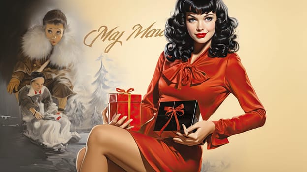 Beautiful pinup girl dressed as Santa Claus with gifts