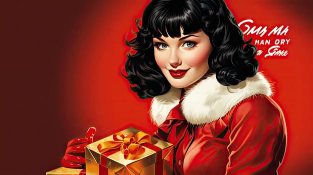 Beautiful pinup girl dressed as Santa Claus with gifts