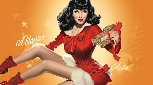 Beautiful pinup girl dressed as Santa Claus with gifts