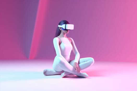 internet woman background neon cyborg glasses virtual gadget yoga game freedom innovation digital reality cyberspace smart sport render vr floating black 3d. Generative AI.