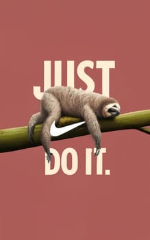 A lazy sloth sleeping on Nike logo with text saying Just do it. Later... typography, poster, wildlife photography download image