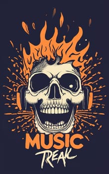 Terrifying Skull with Soul Emerging, 'Music Freak' Text - T-Shirt Illustration on Dark Background download image