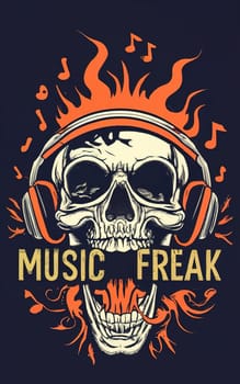 Terrifying Skull with Soul Emerging - 'Music Freak' Text on Black Background - T-Shirt Illustration download image
