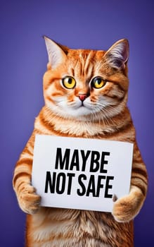 Cat Holding Warning Sign - 'Maybe Not Safe' Message - Humorous and Cautious Cat Illustration download image
