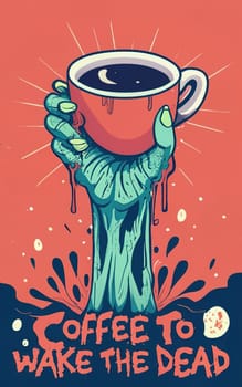 T-Shirt Design: Zombie Hand Rising with Coffee Mug - 'Coffee to Wake the Dead' Typography download image