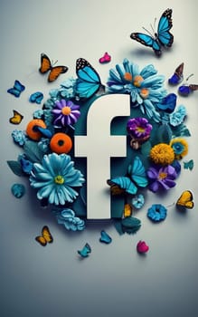 Facebook Surrounded by Blue Flowers and Butterflies - Artistic 3D Render with Ultra-Realistic Floral Details, download image