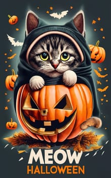 T-Shirt Design: 'Meow Halloween' - Masterful Photorealistic Cat in Pumpkin Hollowing Illustration download image