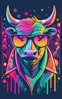 T-shirt Bull with horns wearing sunglasses, minimalist ink drawing style, retro vibes, retro colors, silhouette, pop art style, concept art download image
