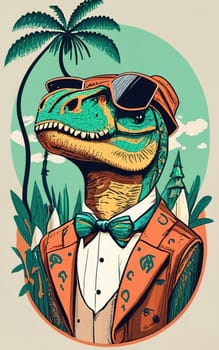 A T-shirt design, a dinosaur with sunglasses, coat and cap, a circular design with centered design, sticker download image