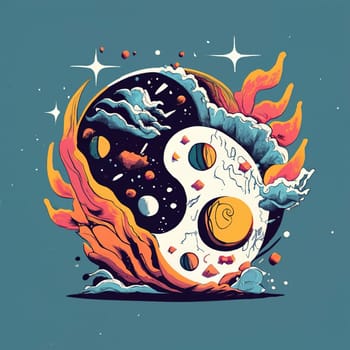 Yin-Yang Filled with Celestial Bodies, Waves, Flames - Fashionable Dark Fantasy Art with Cinematic Concept download image