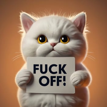 Realistic Cute White Cat in Emoji Style with Various Emotions - Holding a 'FUCK OFF' Sign download image