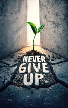 Resilient Seedling Breaking Through Concrete with 'Never Give Up' Text - Urban Nature Photography in Mixed Media download image