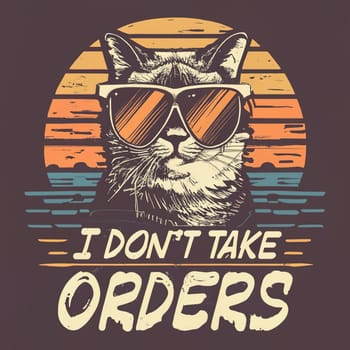 Vintage Retro Sunset T-Shirt Design - Cat in Sunglasses with 'I DON'T TAKE ORDERS' Text, Distressed Black Style download image