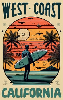 A T-shirt design, a man with a surfboard on a tropical beach an image of Distressed Retro Sunset, circular design, centered design, minimalistic ink drawing style download image