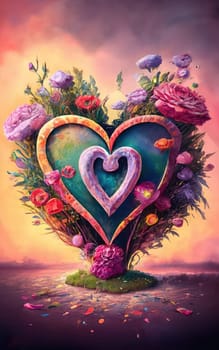 Love Heart Surrounded by Flowers and Butterflies at Sunset - Watercolor Art with Soft Pastel Colors download image
