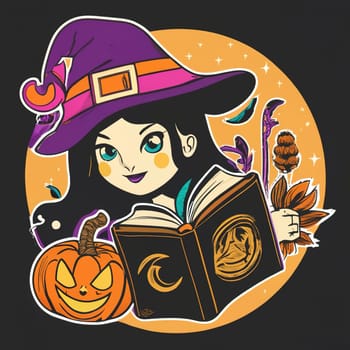 Halloween T-Shirt Design with Kawaii Witch, Jack-o'-lantern, Grimoire, Colored Crystal Ball, and Candy - Cartoon Illustration download image
