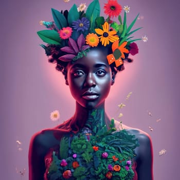 BLACK FEMALE made of plants and flowers, cinematic download image