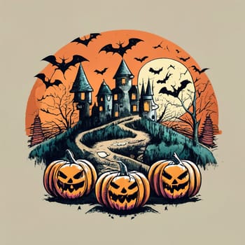 Halloween Design with Forest Zombie, Pumpkins, Bats, and Castle - Minimalist Ink Drawing with Retro Vibes, Vanishing Point, Watercolor, Transparent Background download image