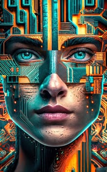 A handsome digital face, neuron cells, circuit fault face, Matrix Code, retro futuristic Cyberpunk urban pixels, environmental sculpture, vary, portrait download image