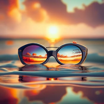 Sunset on the beach of dreams, beautiful and gorgeous sunglasses, the lens reflects the enchanting water magic park, typography, cinematic, vibrant, fashion download image