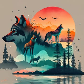 wolves and lakes, sunsets, vintage, nature, watercolor art, double exposure download image