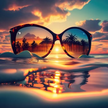 Sunset on the beach of dreams, a beautiful and gorgeous sunglasses, the lens reflects the enchanting water magic park, typography, cinematic, vibrant, fashion download image
