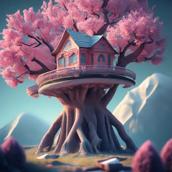 Beautiful Cherry Blossom Treehouse Perched on High Cliff with Pink Blossom Trees - Scenic Landscape in Spring download image