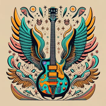 T-shirt design, an electric guitar in the middle, angel wings around it, colorful, pop art, vibrant, fashion, typography, conceptual art download image