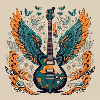 T-shirt design, an electric guitar in the middle, angel wings around it, colorful, pop art, vibrant, fashion, typography, conceptual art download image